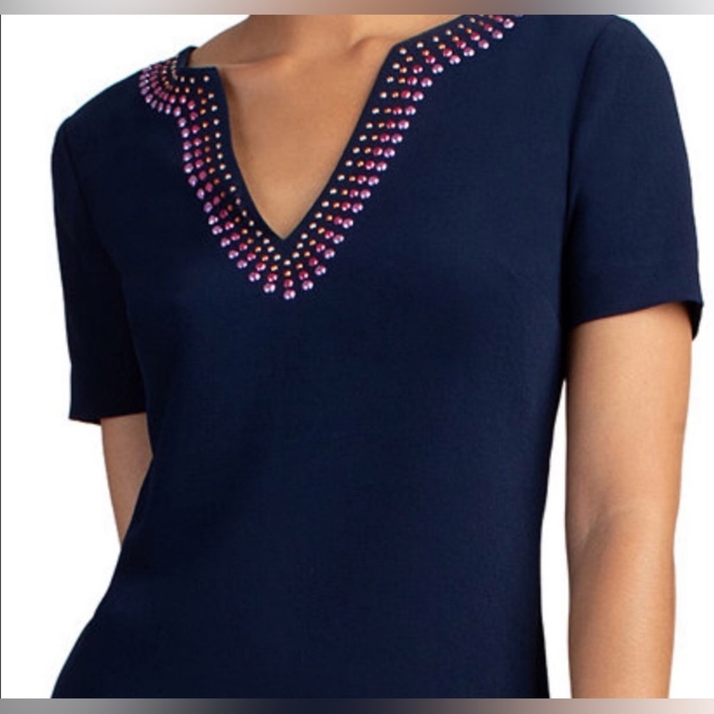Trina Turk Navy Mini Dress with Pink & White Beaded V-Neckline - Picture 2 of 8